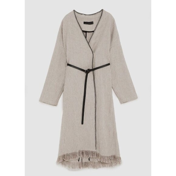 Zara Linen Striped Belted Whipstitch Simple Minimalist Coat NO BELT S - Picture 1 of 7
